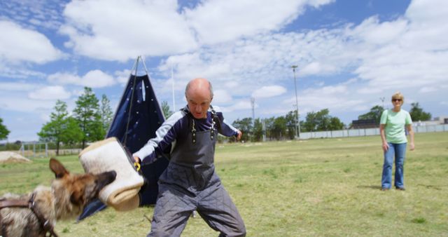 Man is training a German Shepherd dog using a protective sleeve in an open field under a bright, sunny sky. This is a suitable image for articles on dog training, obedience exercise features, or promotional material for pet training courses. It can also be used in blogs about outdoor activities, pets, and fitness.