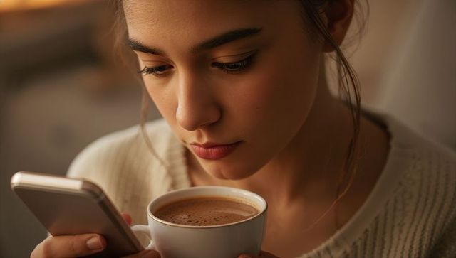 Young woman sipping coffee and checking phone in cream knit sweater, cozy morning
