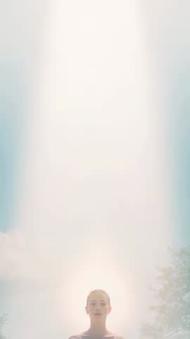 Sunlit Vertical Video of Woman Standing in Park with Expanding Halo Light and Lens Flare