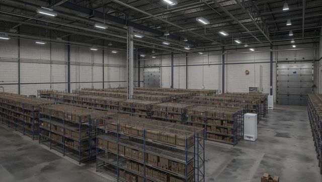 Spacious Industrial Warehouse with Organized Pallet Racks and Stacked Cardboard Boxes