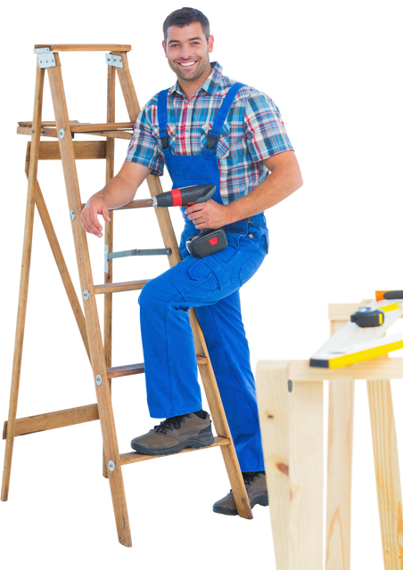 Transparent Confident Carpenter With Power Drill Climbing Wooden Ladder - Download Free Stock Videos Pikwizard.com