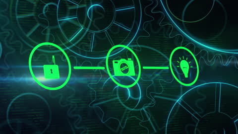 Digital data processing flow with technology icons