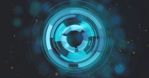Rotating Cyan HUD with Concentric Tech Rings, Particle Bokeh, Turquoise Glow