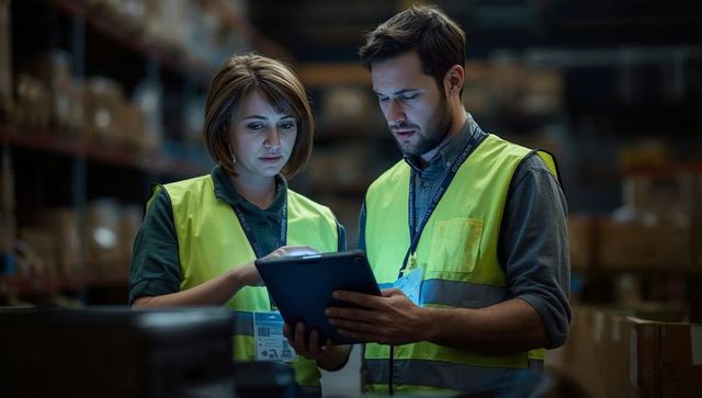 Warehouse Team Analyzing Digital Inventory on Tablet