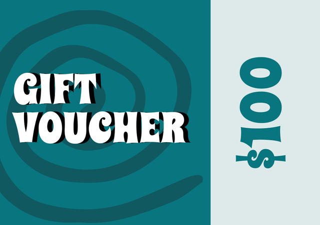 The image showcases a bold and modern $100 gift voucher design, featuring a teal background with a swirling pattern. The highlighted text in the center effectively promotes the voucher amount and purpose, making it ideal for use in various promotional campaigns, retail sales, and holiday marketing. It could be employed by businesses to attract customers, roll out discounts, or serve as an enticing online or in-store offer.