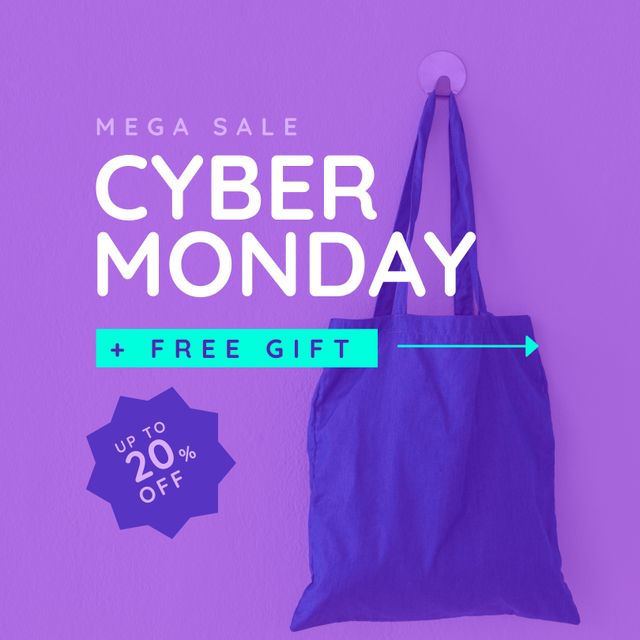 Bright and vibrant digital marketing graphic for Cyber Monday promotions. Suitable for use in online ads, social media posts, and e-commerce website banners to highlight special offers, discounts, and free gifts available during holiday sales events.