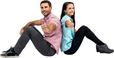 Smiling Couple Sitting Back-to-Back Showing Thumbs Up Transparent