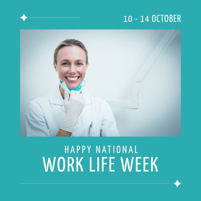 Happy female doctor smiling while celebrating National Work Life Week, showcasing the importance of work-life balance in the healthcare industry. Useful for promotions, social media posts, awareness campaigns, and healthcare communications highlighting workplace wellness and balance.