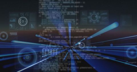 Futuristic data tunnel with holographic hud, radiating blue light trails and code streams