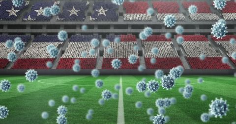 Coronavirus Cells Hovering Over Stadium with American Flag Bleachers