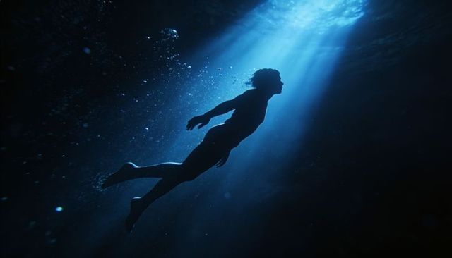 Solo silhouette gliding through deep blue water toward dramatic shaft of sunlight
