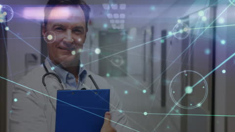 Caucasian Doctor with Stethoscope and Data Overlay