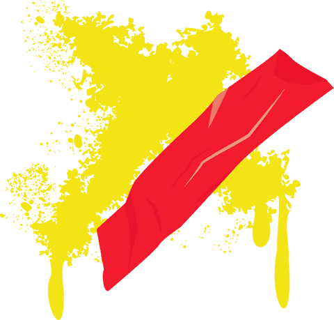 Vibrant abstract with red ribbon and yellow splatter on transparent background