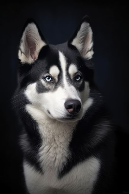 Siberian Husky with distinctive blue eyes and striking black and white fur looking alert against a dark background. Excellent for animal-related content, dog enthusiast websites, pet care guides, and promotional materials for pet products.