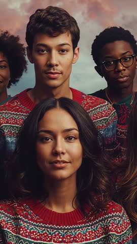 Vertical video showing woman posing with peers wearing patterned knit sweaters in studio