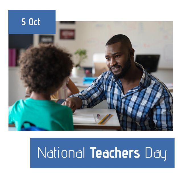 African American male teacher helping a young student in classroom. Used for illustrating National Teachers Day or educational themes. Ideal for social media posts, educational articles, and school advertisements.