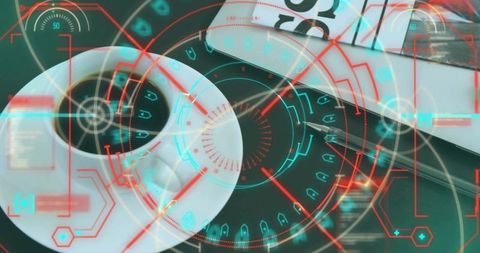 Futuristic espresso on dark table with neon hud overlay for tech and coffee branding