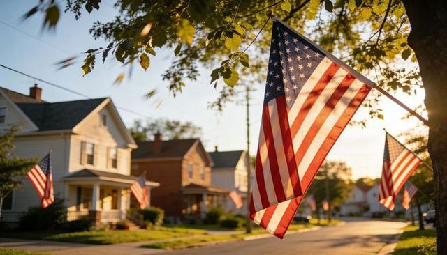 Backlit american flag fluttering over tree-lined suburban neighborhood at golden hour