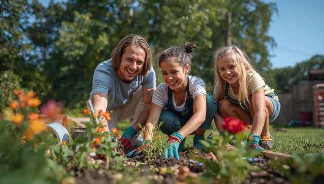 Family Enjoying Gardening Together in Sunny Backyard