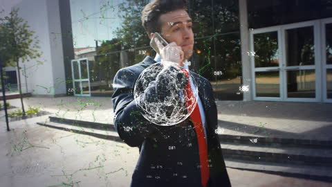 Businessman Engaging with Digital Global Interface Outdoors