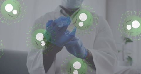 Doctor Wearing Surgical Gloves Surrounded by COVID-19 Illustrations