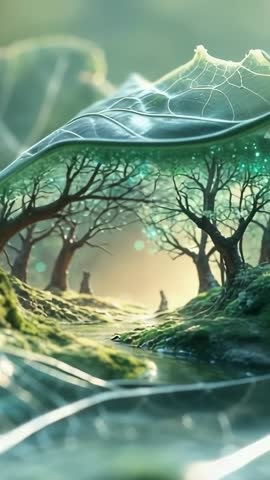 Leaf Arching Over Enchanted Glade While Camera Pulling Back Revealing Floating Particles