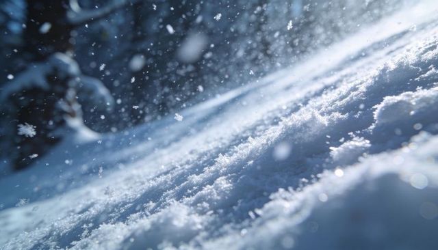 Glinting fresh snow catching sunlight on forest slope with delicate snowflakes drifting