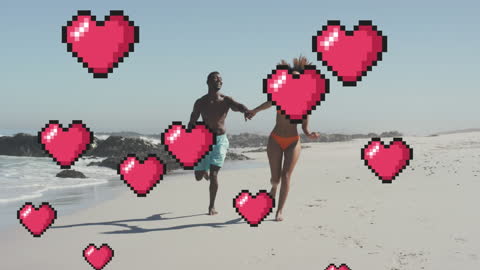 Playful Couple with Animated Hearts on Beach