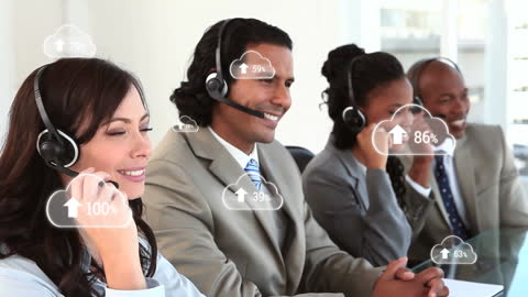 Diverse Call Center Team Using Headsets with Cloud Data Overlays