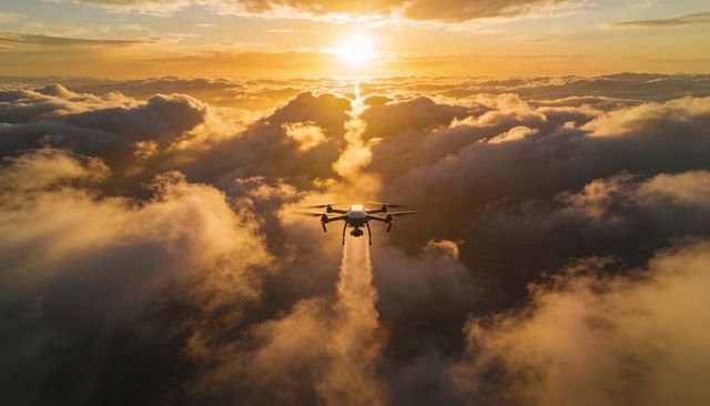 Drone soaring above golden cloudscape at sunset leaving visible vapor trail