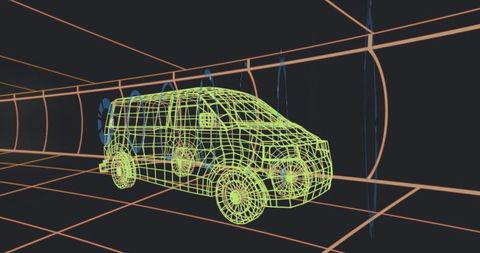 Wireframe minivan simulation in futuristic wind tunnel