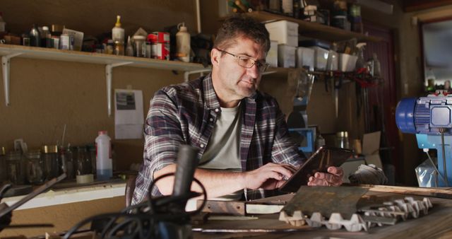Middle-aged man sitting at workbench using tablet. Workshop filled with various tools and supplies. Ideal for depicting technology use in workshops, DIY projects, craftsmanship, and hobbies. Useful for websites, articles, and advertisements focused on home improvement, crafts, or technology in manual work.