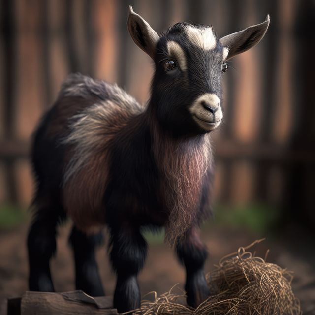 Curious goat kid standing near a hay bale in a rustic farmyard. Ideal for agricultural marketing, children's educational materials, or nature-themed content.