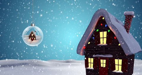 Snowy Christmas Scene with Cozy House and Ornament - Download Free Stock Images Pikwizard.com