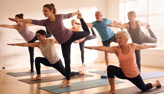Multigenerational Group Practicing Yoga Balancing Poses in Bright Sunlit Studio
