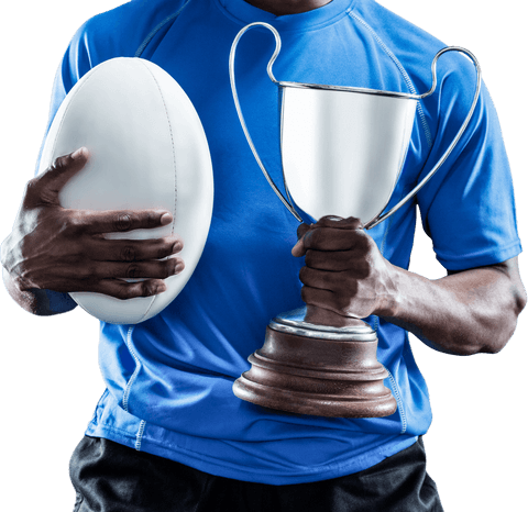 Transparent rugby victory with trophy and ball emphasizes triumph