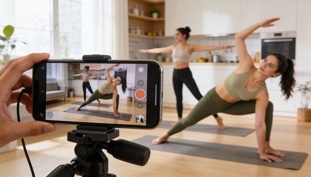 Filming home yoga duo practicing side lunge in bright kitchen for fitness content