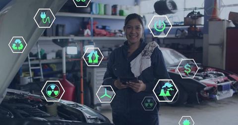 Female mechanic using tablet for sustainable automotive diagnostics