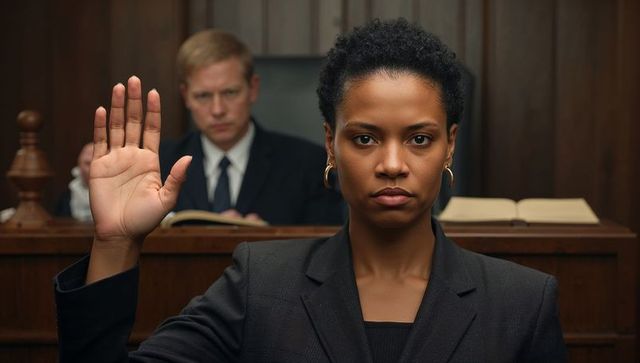 Confident witness raising hand while taking oath in courtroom during formal testimony