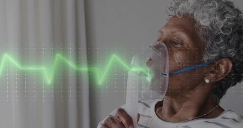 Senior Woman with Oxygen Mask and Digital Heartbeat Overlay