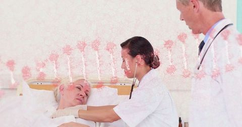 Healthcare professionals examining patient with digital virus overlay