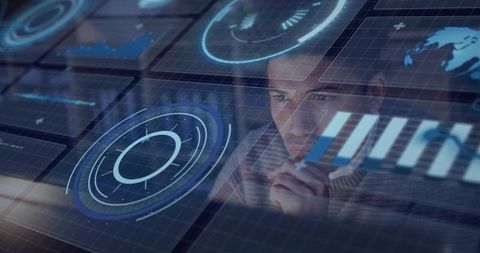 Man studying holographic data dashboard with futuristic HUD overlays and analytics