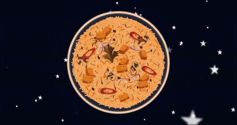 Floating gourmet rice bowl orbiting starry sky, seasoned rice with protein cubes