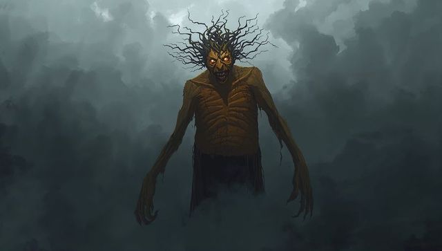 Menacing creature emerging from fog with glowing eyes