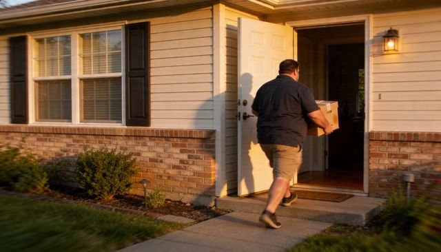 Man carrying package onto suburban porch during golden hour entering home through open doorway