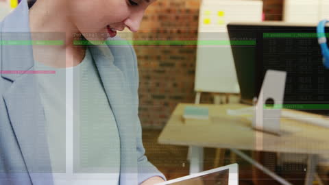 Businesswoman Using Tablet with Overlay of Digital Data Interface
