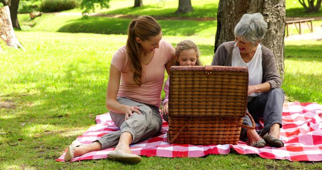 Three generations enjoying a relaxing day outdoors in a park, sitting on a checkered blanket while examining a picnic basket. Ideal for concepts centered on family bonding, nature outings, spending quality time together, and intergenerational relationships.