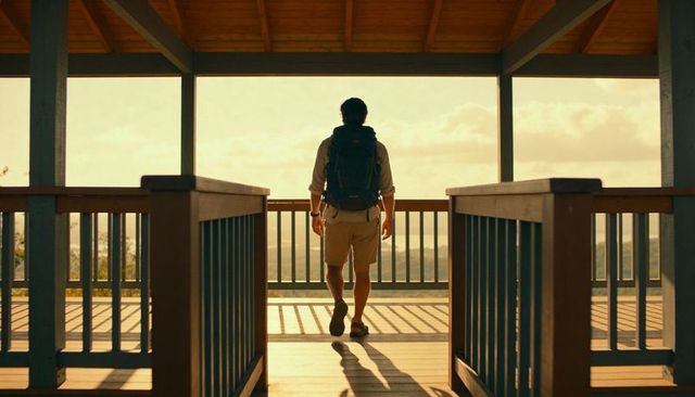 Male traveler standing gazing at golden horizon from scenic wooden lookout with backpack