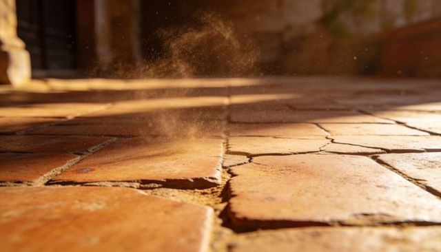 Sunlit cracked terracotta tiles with dust rising from grout seam in warm courtyard closeup
