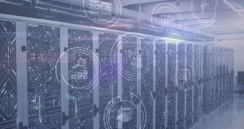 Data Server Room with Digital Overlay and Circuit Design
